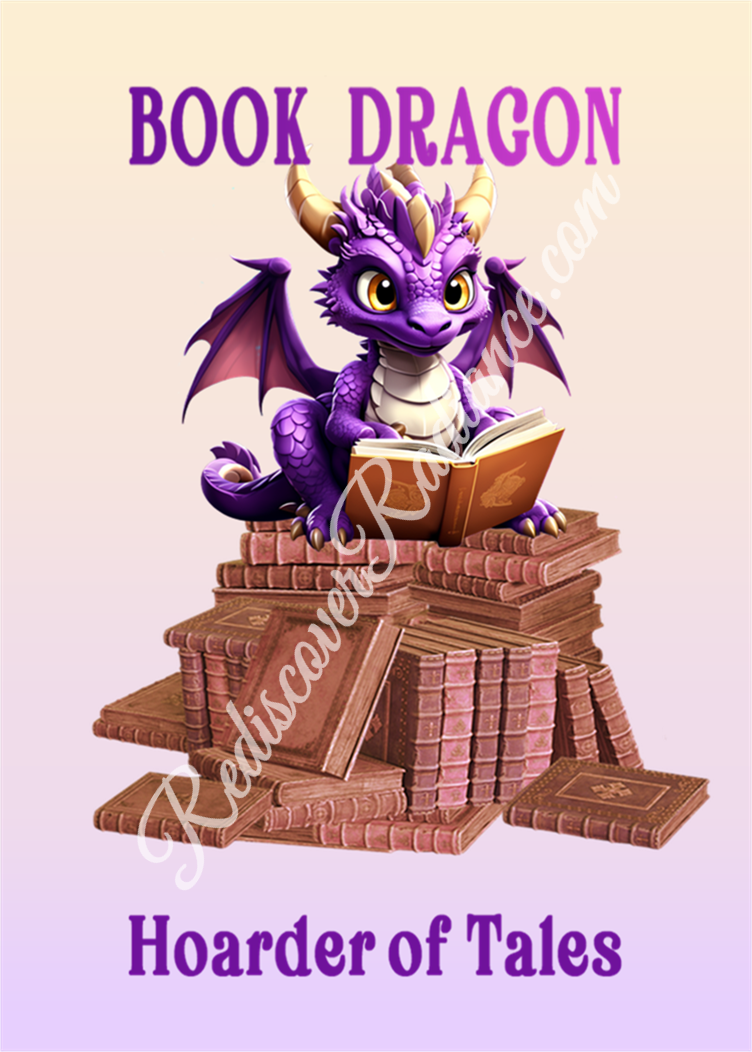 image of a purple dragon sitting on a pile of books with the words book dragon hoarder of tales