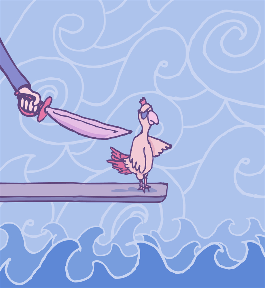 age of a duck walking the plank at the point of a pirate sword