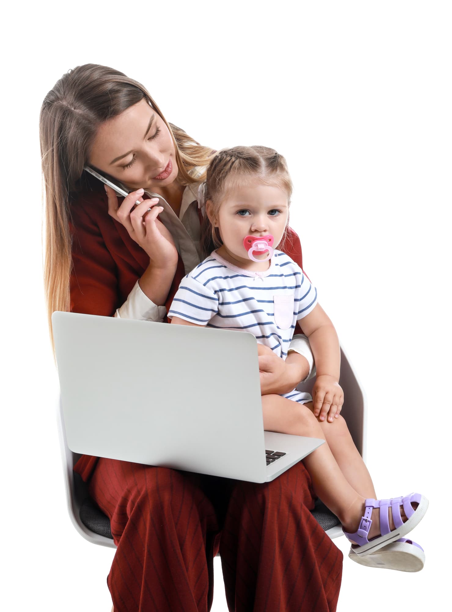 multitasking woman holding laptop child and phone